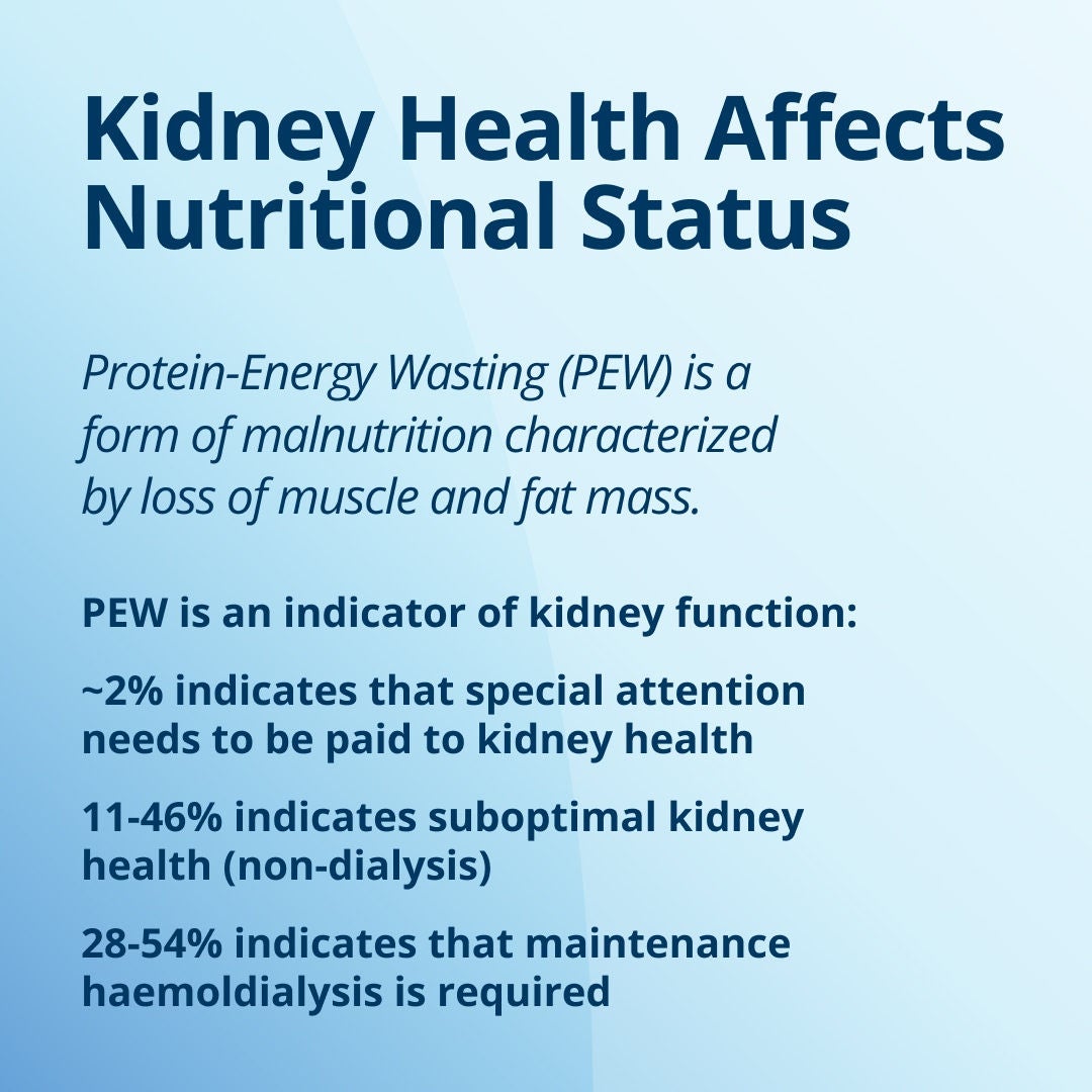 Fresubin explains how malnutrition risk increases with CKD: Protein-Energy Wasting (PEW) is a form of malnutrition characterized by loss of muscle and fat mass. PEW increases with CKD stage: around 2% in CKD stages 1-2, 11-46% in CKD stages 3-5 (non-dialysis), and 28-54% in maintenance haemodialysis 