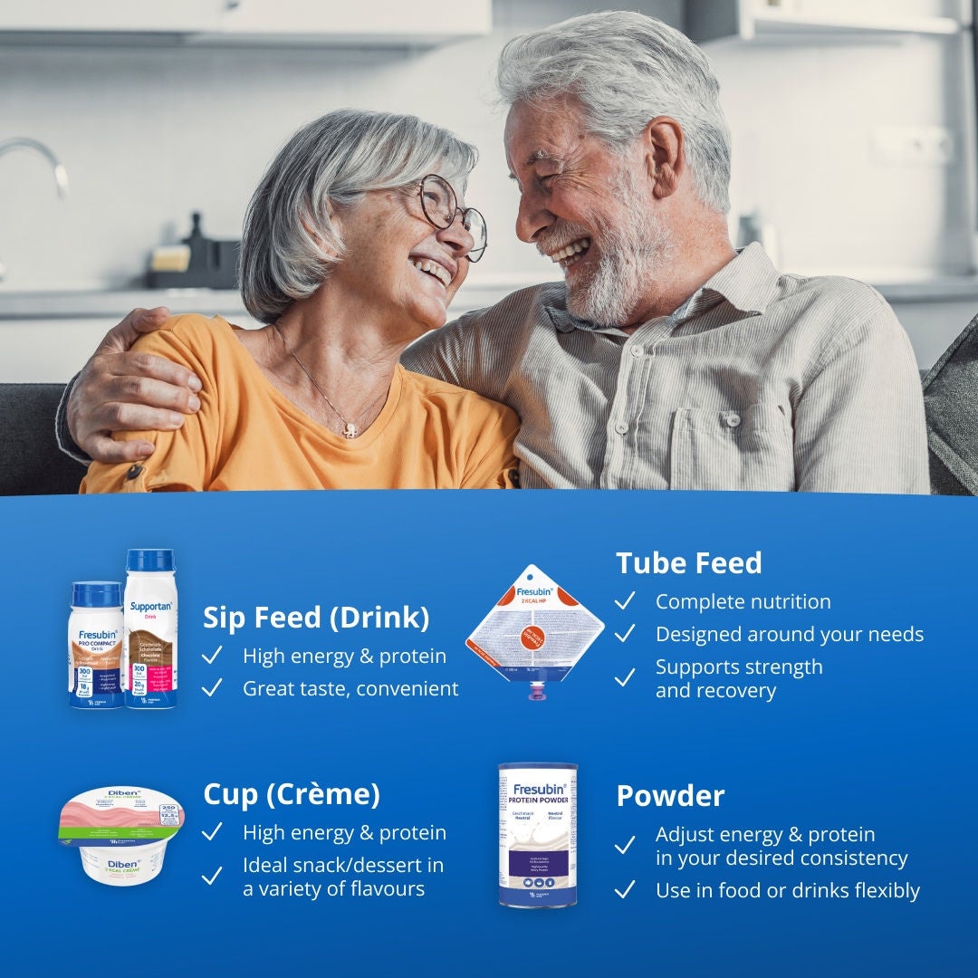 The Fresubin range includes high energy and high protein sip feed drinks that are convenient, and have a great taste; tube feeds offering complete nutrition for various clinical needs; spoonable crème cups that are high in energy and protein and ideal as a snack or dessert in a variety of flavours; and, powders that can be used in food or drinks flexibly to adjust energy and protein to your desired consistency. 