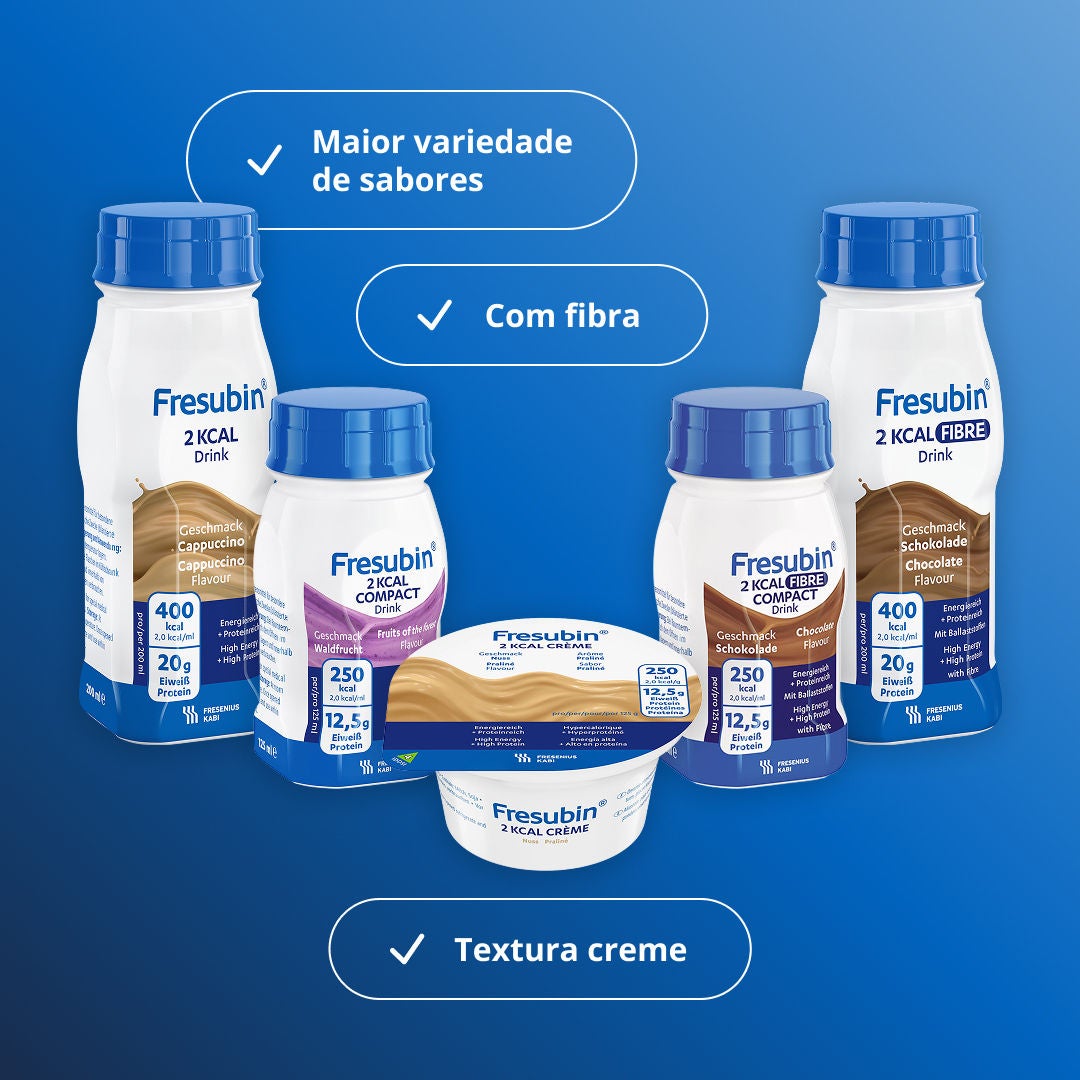 A gama 2KCAL da Fresubin inclui a mais vasta variedade de sabores, formatos para tomar à colher e opções com aporte de fibra da Fresubin. Inclui 2KCAL Drink, 2KCAL COMPACT Drink, 2KCAL FIBRE, 2KCAL FIBRE COMPACT Drink e 2KCAL Crème 