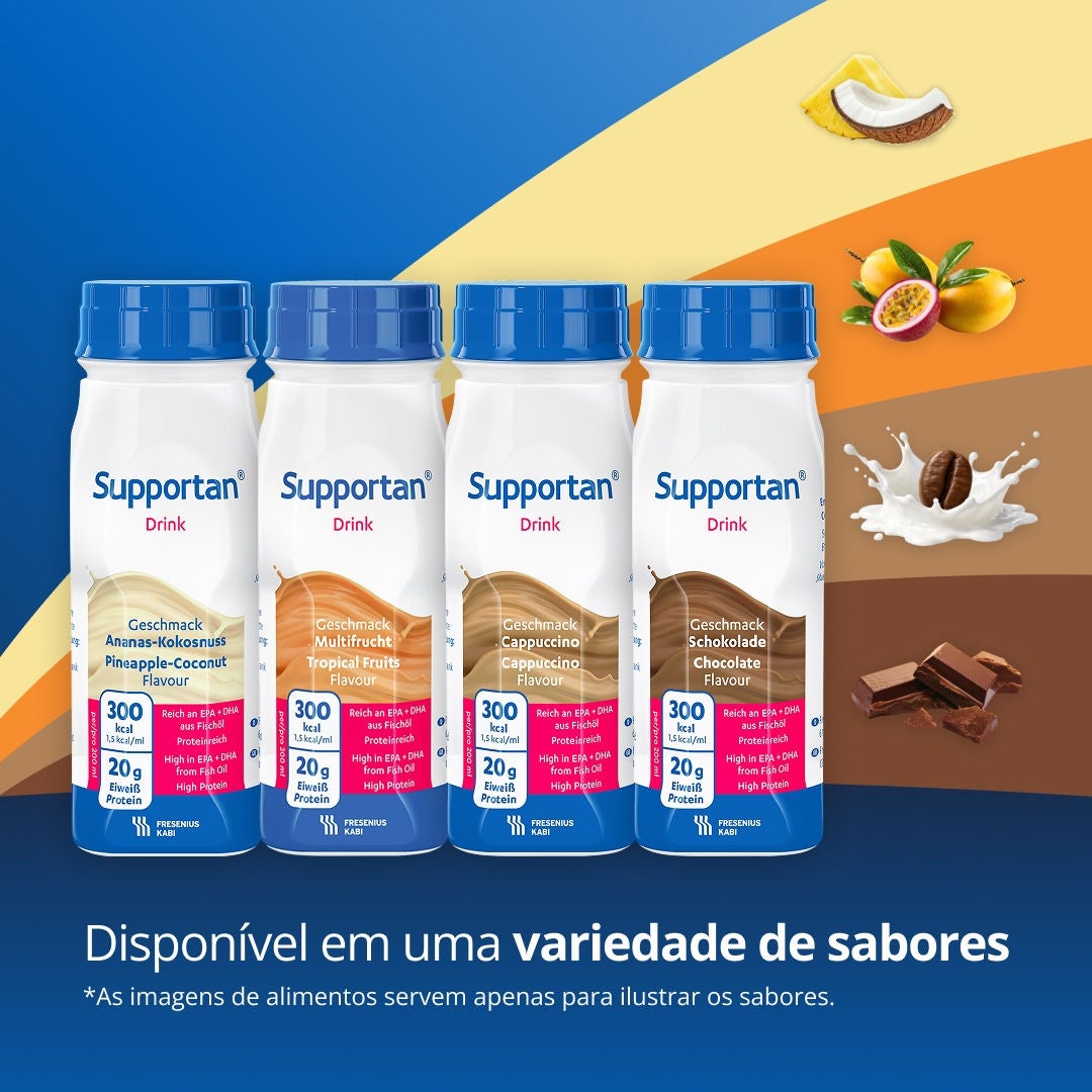 Bebidas nutricionais para doentes oncológicos da gama Supportan da Fresubin, concebidas para ajudar a manter o peso e a força durante o tratamento. Inclui os sabores Ananás-Coco, Frutas Tropicais, Cappuccino e Chocolate 