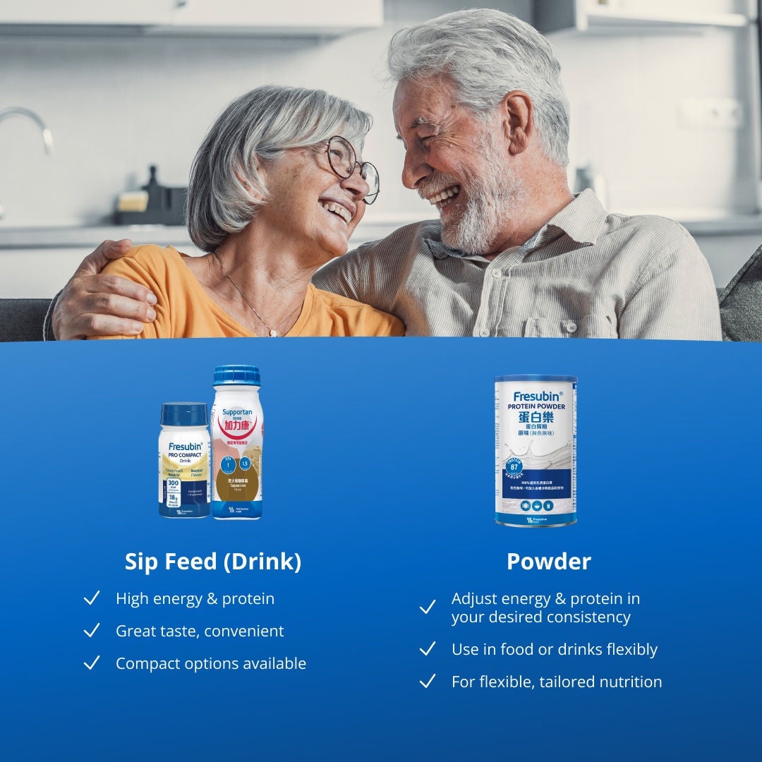 The Fresubin oral nutritional supplement range includes high energy and high protein sip feed drinks that have a great taste, and are convenient with compact options available; spoonable, satisfying crème cups that are high in energy and protein and ideal as a snack or dessert in a variety of flavours; and, powders that can be used in food or drinks to adjust energy and protein to your desired consistency for flexible, tailored nutrition. 