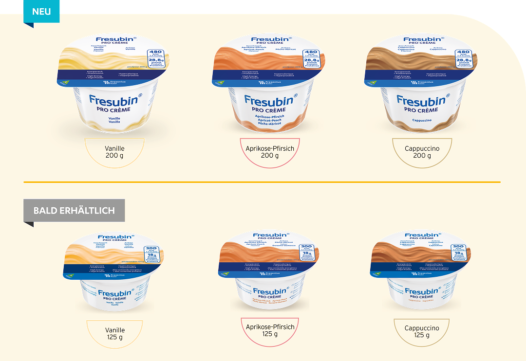 Fresubin Pro Crème in den Grössen 200 g und 125 g, erhältlich in den Geschmacksrichtungen Vanille, Aprikose-Pfirsich und Cappuccino. Die 125-g-Variante ist bald erhältlich.