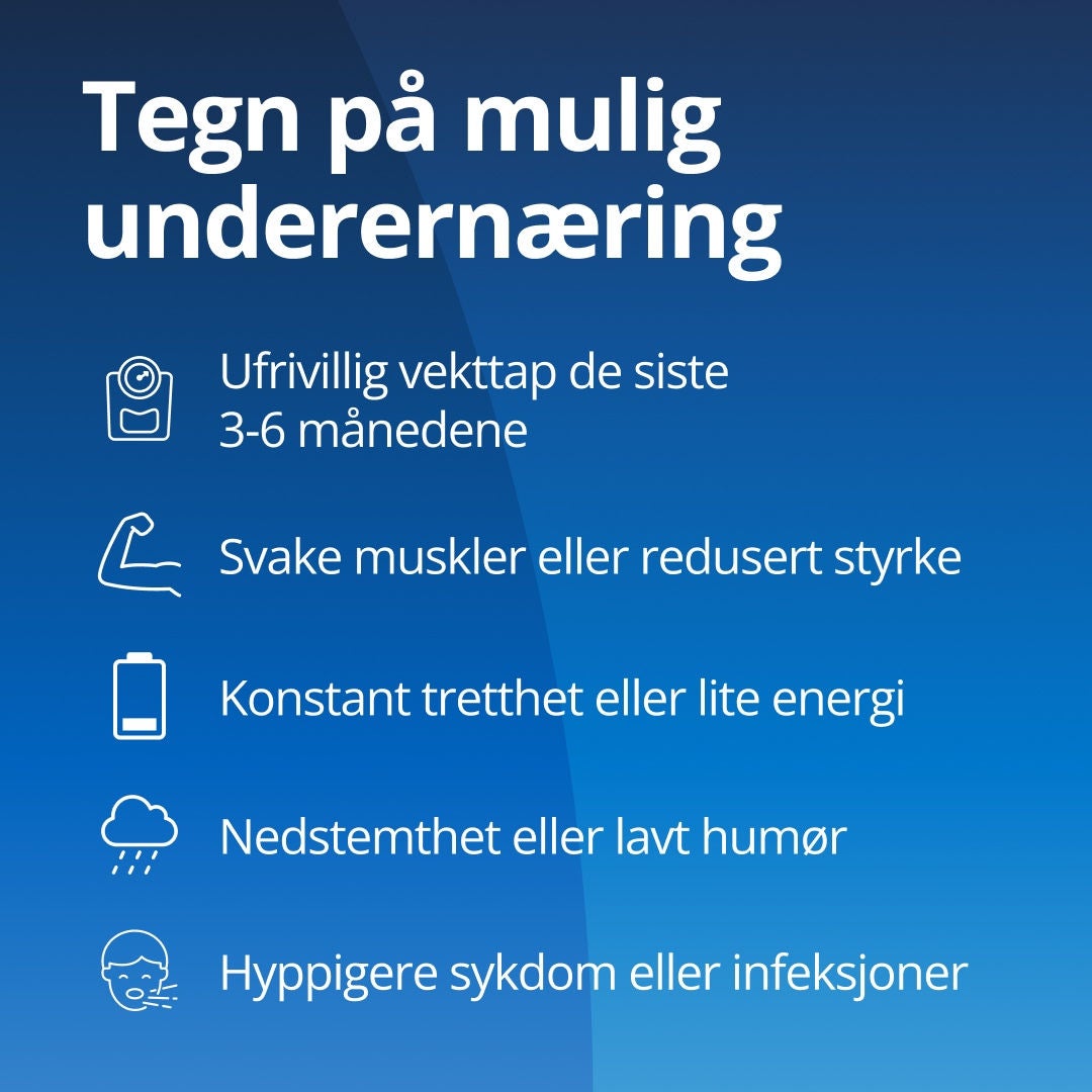 Fresubin forklarer at varselsignaler på underernæring hos eldre omfatter utilsiktet vekttap de siste 3–6 månedene, svake muskler eller redusert styrke, konstant tretthet, dårlig humør eller nedstemthet, samt økt forekomst av sykdom og infeksjoner 