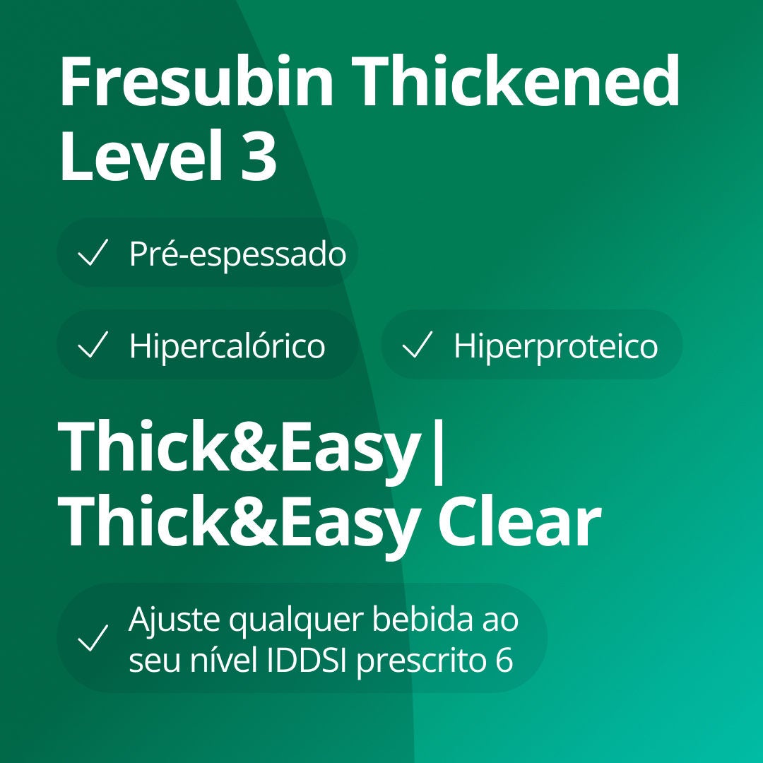 O Fresubin Thickened Nível 2 e Nível 3 são bebidas pré-espessadas, de alto valor energético e elevado teor proteico, destinadas a satisfazer as necessidades nutricionais das pessoas com disfagia. O Thick&Easy e o Thick&Easy Clear podem ser utilizados para ajustar a espessura de qualquer bebida, de modo a adequá-la ao nível IDDSI que lhe foi prescrito. 