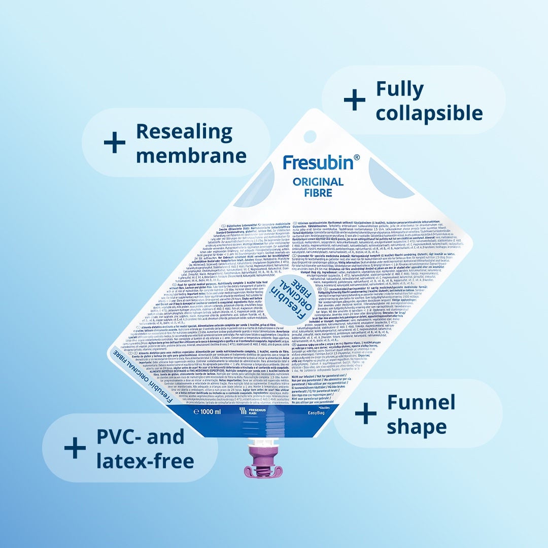 An infographic explaining the four key aspects of how Fresenius Kabi's tube feeding container EasyBag works. 