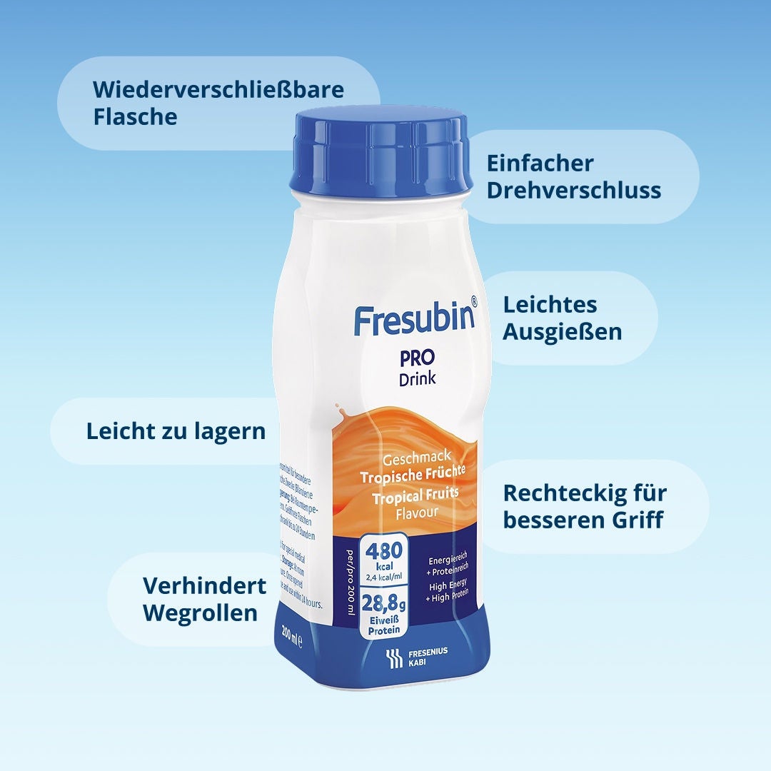 Eine Infografik, die die Funktionen des Fresubin EasyBottle-Designs erläutert. 