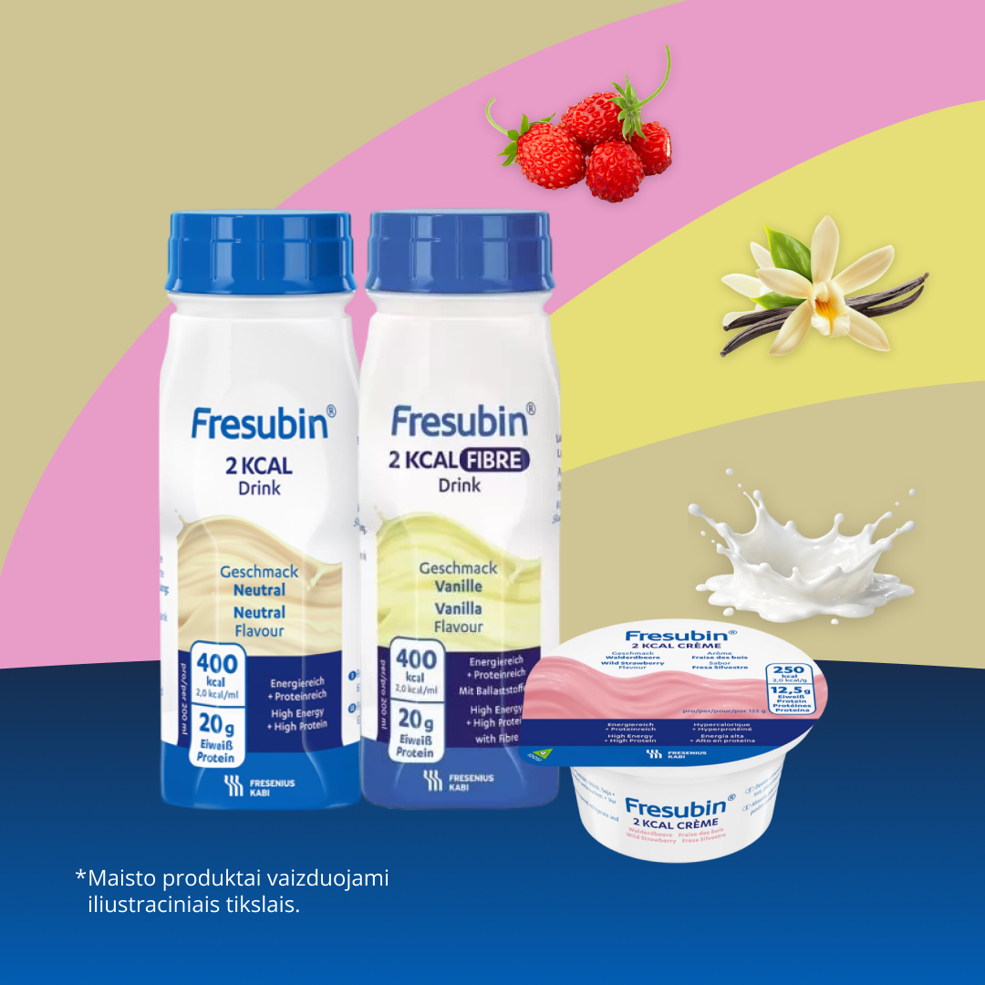Infografikas apie „Fresubin PRO“ produktų seriją, skirtą vyresnio amžiaus žmonių mitybos nepakankamumo sprendimui: „Fresubin PRO Drink“, „Fresubin PRO FIBRE Drink“, „Fresubin PRO Compact Drink“ ir „Fresubin PRO Creme“.