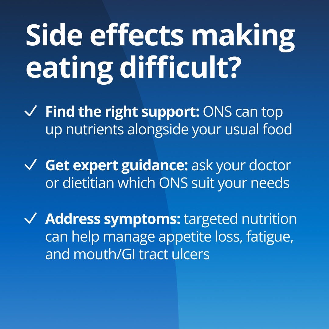 Side effects making eating difficult? Find the right support: ONS from Fresubin can top up nutrients alongside your usual food. Get expert guidance: ask your doctor or dietitian which ONS and Fresubin range suits your needs. Address symptoms: targeted strategies can help manage appetite loss, fatigue, and mouth or GI tract ulcers 