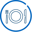 Blue icon of a plate with fork and knife inside a circular outline.
