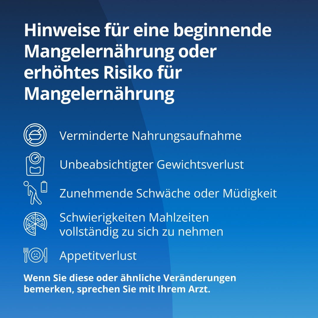 Fresubin erläutert, dass zu den Warnzeichen für Unterernährung bei Menschen mit chronischer Nierenerkrankung (CKD) gehören: weniger essen als gewöhnlich, unbeabsichtigter Gewichtsverlust, ein Gefühl von Schwäche oder erhöhter Müdigkeit, Schwierigkeiten, Mahlzeiten vollständig zu verzehren, sowie Appetitlosigkeit. Wenn Sie diese Veränderungen bemerken, sprechen Sie mit Ihrem Behandlungsteam. 