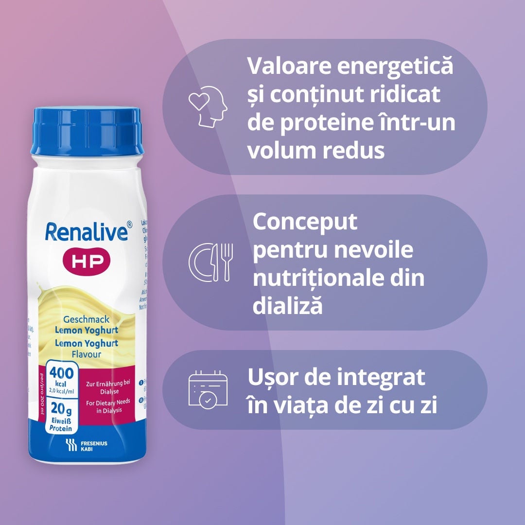 Renalive HP oferă un aport energetic ridicat într-o sticlă compactă de 200 ml, fiind util atunci când apetitul este scăzut. Gama Renalive este, de asemenea, adaptată nevoilor nutriționale legate de dializă, având un conținut redus de sodiu, potasiu și fosfor, minerale esențiale care trebuie monitorizate în cazul bolii renale cronice (BRC). Renalive se integrează ușor în viața de zi cu zi, deoarece nu necesită nicio pregătire, datorită formatului gata de consum, care se servește cel mai bine răcit. 