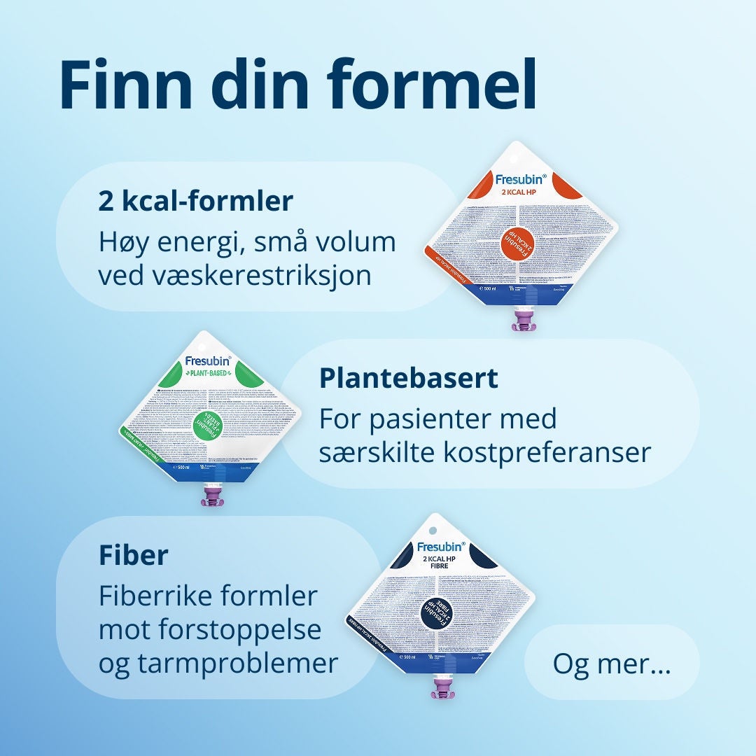 Finn den rette ernæringsblandingen for deg i Fresubin-serien, som blant annet omfatter 2 kcal-blandinger for høyt energiinnhold, alternativer med lavt volum for begrenset væskeinntak, plantebaserte alternativer for pasienter med spesifikke kostholdsbehov, fiberrike alternativer for de med forstoppelse og tarmproblemer, og mye mer... 
