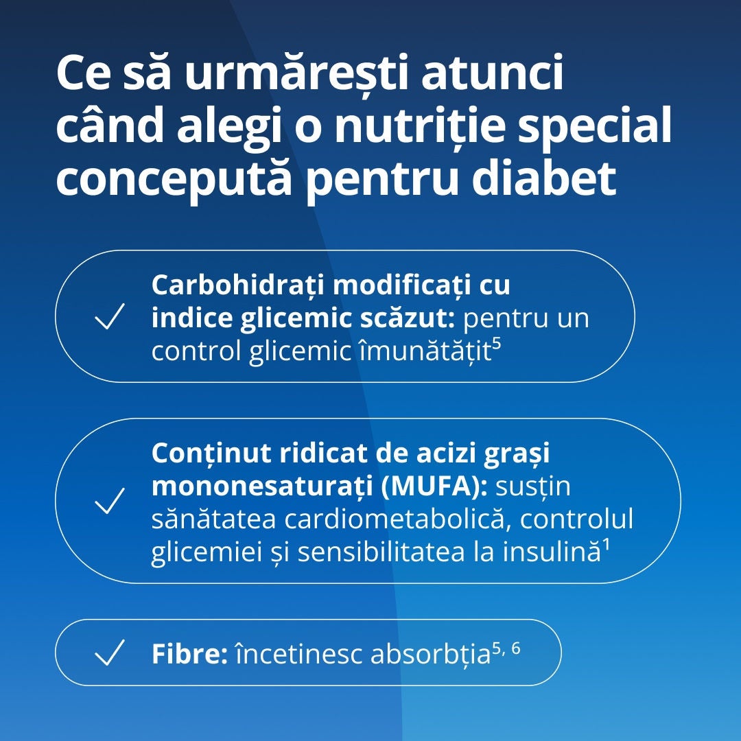 Atunci când gestionați alimentația specifică diabetului, optați pentru carbohidrați modificați cu indice glicemic scăzut, pentru un control mai bun al glicemiei; grăsimi sănătoase (acizi grași mononesaturați) pentru a susține sănătatea cardiometabolică, controlul glicemiei și sensibilitatea la insulină; precum și fibre pentru a încetini absorbția. 