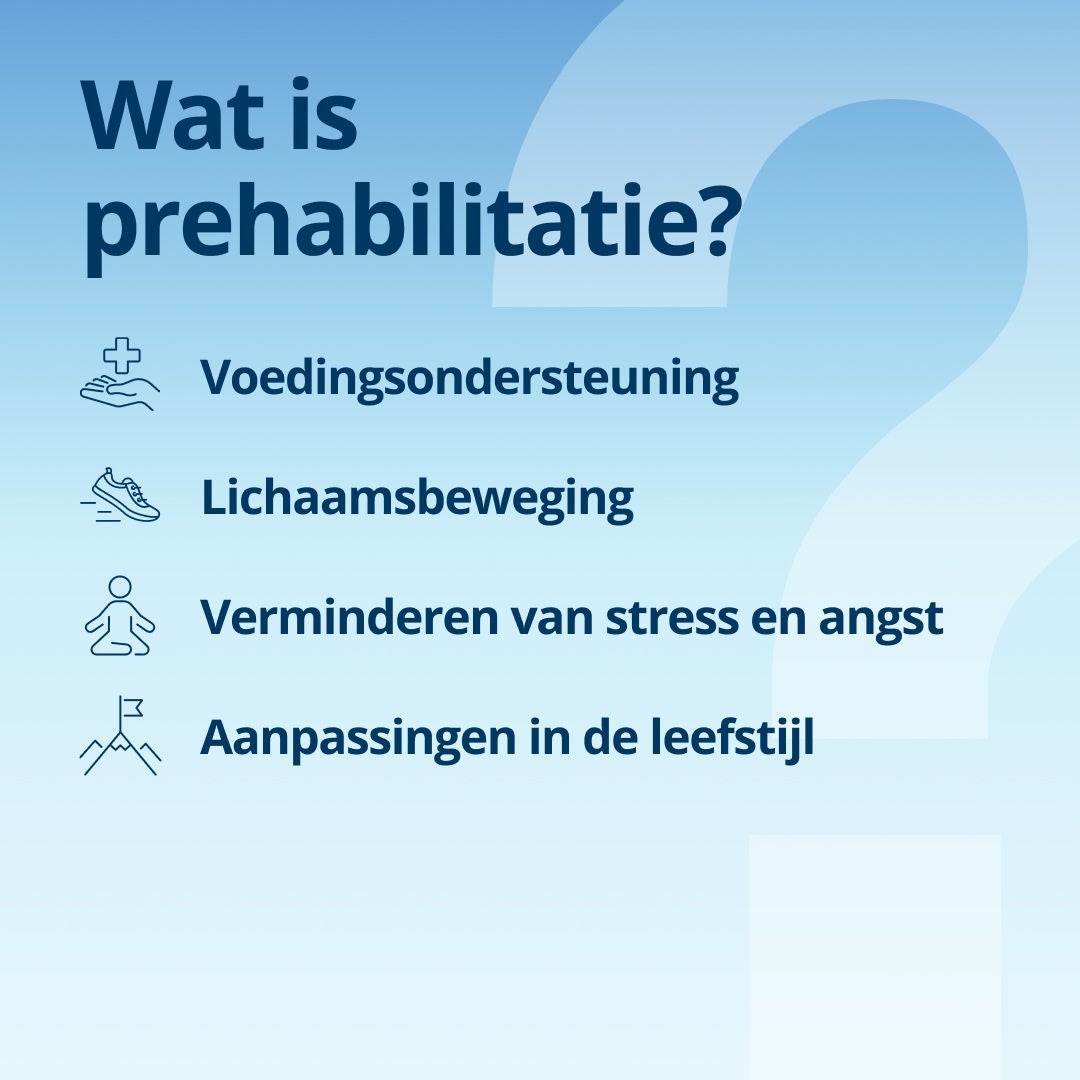 Wat is prehabilitatie? voedingsondersteuning, lichaamsbeweging, verminderen van stress en angst, aanpassingen in de leefstijl