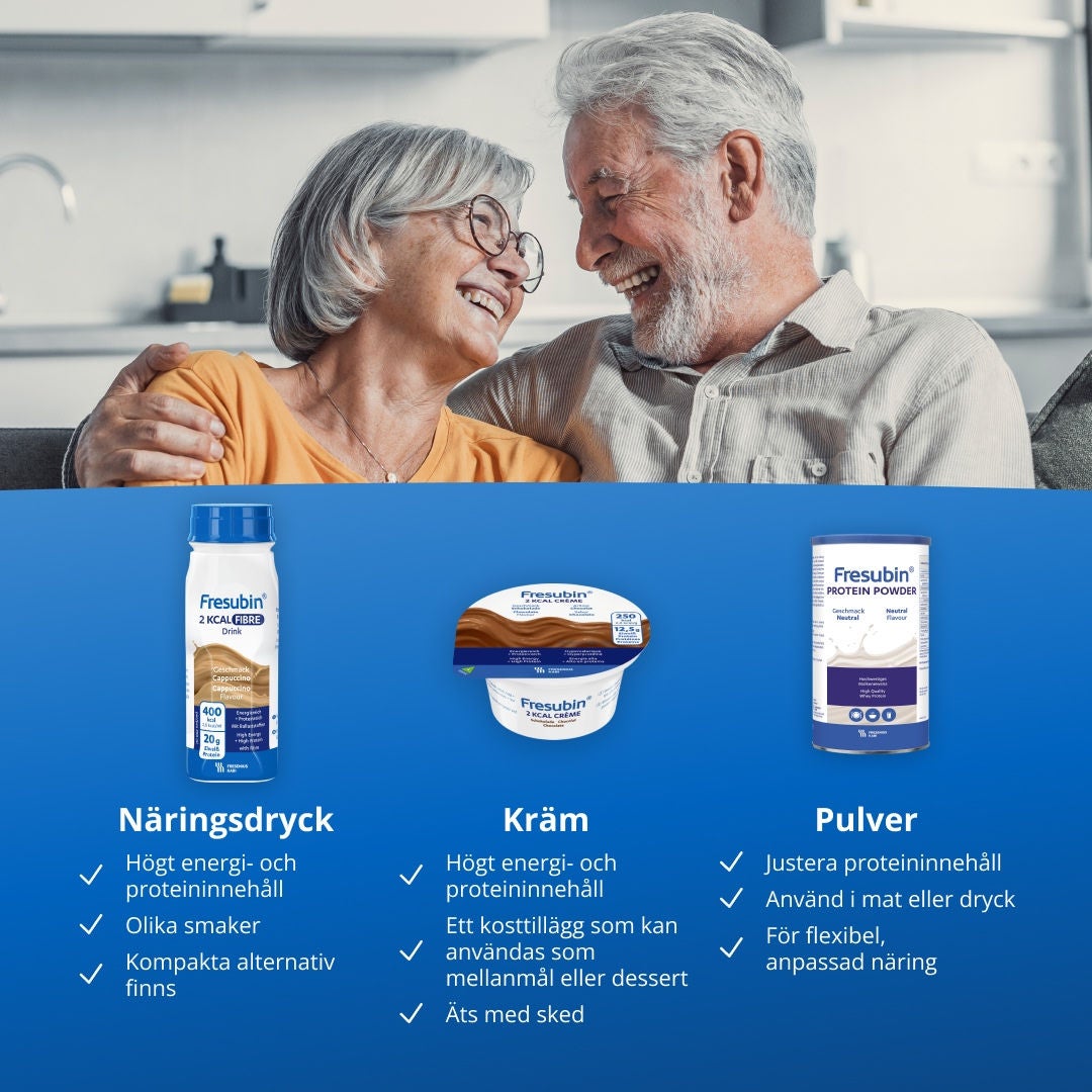 Fresubins sortiment av orala näringstillskott omfattar energirika och proteinrika drycker som smakar utmärkt och är praktiska tack vare sina kompakta förpackningar; krämiga bägare som kan ätas med sked, som är mättande och har högt energi- och proteininnehåll och passar utmärkt som mellanmål eller efterrätt i en rad olika smaker; samt pulver som kan blandas i mat eller dryck för att anpassa energi- och proteinhalten till önskad konsistens, vilket ger en flexibel och skräddarsydd näring. 