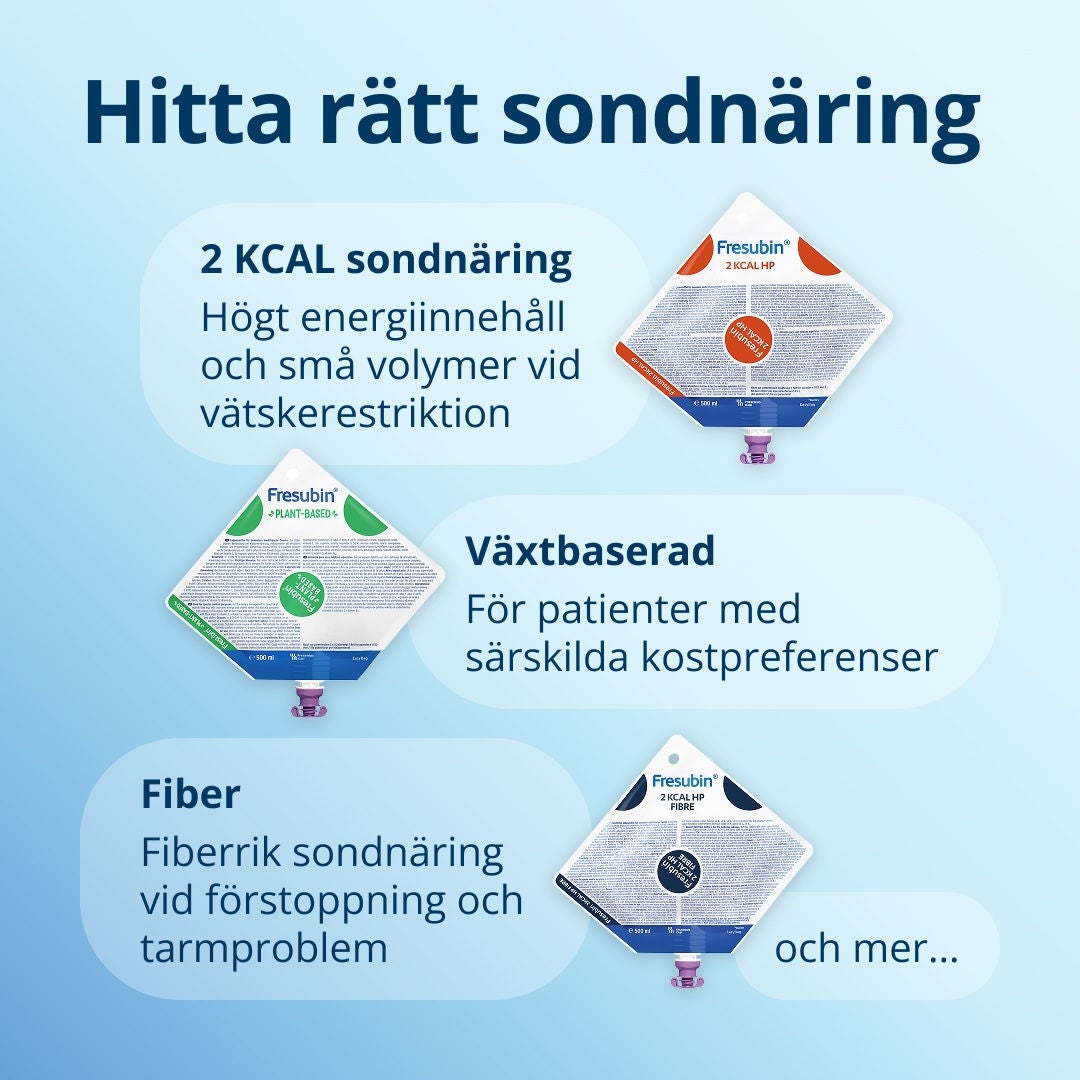 Hitta rätt näringspreparat för dig i Fresubin-sortimentet, som bland annat omfattar 2 kcal-preparat för hög energi, alternativ med låg volym för begränsat vätskeintag, växtbaserade alternativ för patienter med särskilda kostpreferenser, fiberrika alternativ för personer med förstoppning och tarmbesvär, och mycket mer... 