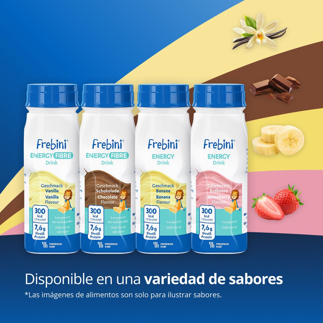 High calorie paediatric drinks from Fresubin's Frebini range, supporting children who need additional energy and nutritional intake, including Frebini Chocolate-flavoured and Vanilla-flavoured ENERGY FIBRE Drink and Frebini Banana-flavoured and Strawberry-flavoured ENERGY Drink 