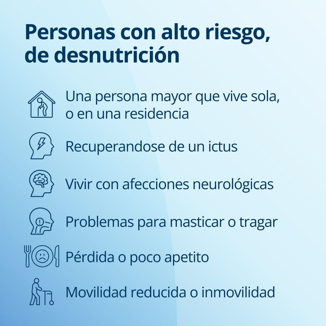 Fresubin explica que entre las personas con mayor riesgo de desnutrición se encuentran los adultos mayores que viven solos o en un centro de atención, quienes se están recuperando de un accidente cerebrovascular, las personas que padecen afecciones neurológicas, aquellas con problemas para masticar o tragar, las personas que sufren de pérdida de apetito o de un apetito reducido, y los adultos mayores con movilidad reducida o inmovilidad 
