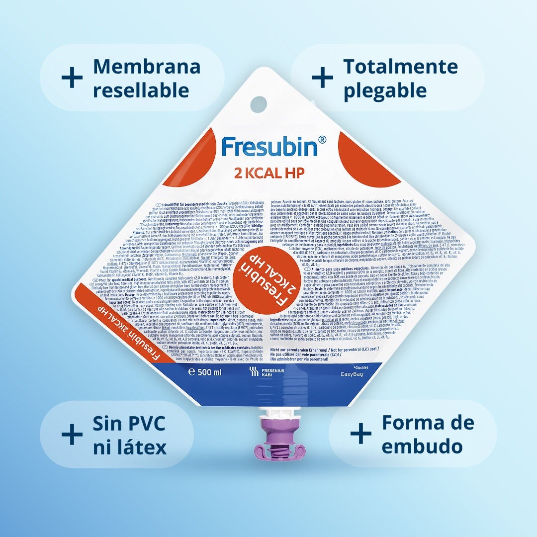 Una infografía que explica los cuatro aspectos clave del funcionamiento del envase para alimentación por sonda EasyBag de Fresenius Kabi. 