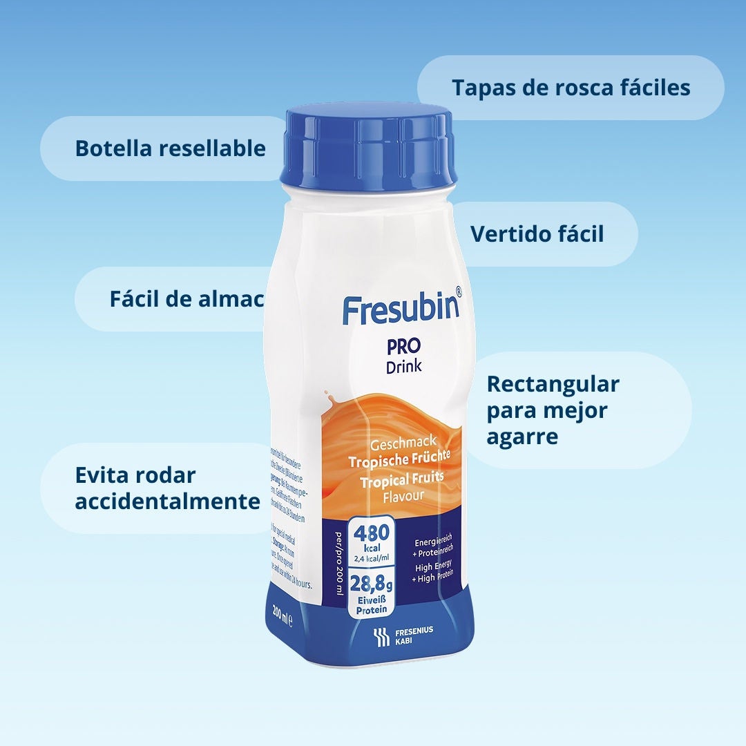Una infografía que explica las funcionalidades del diseño de Fresubin EasyBottle. 