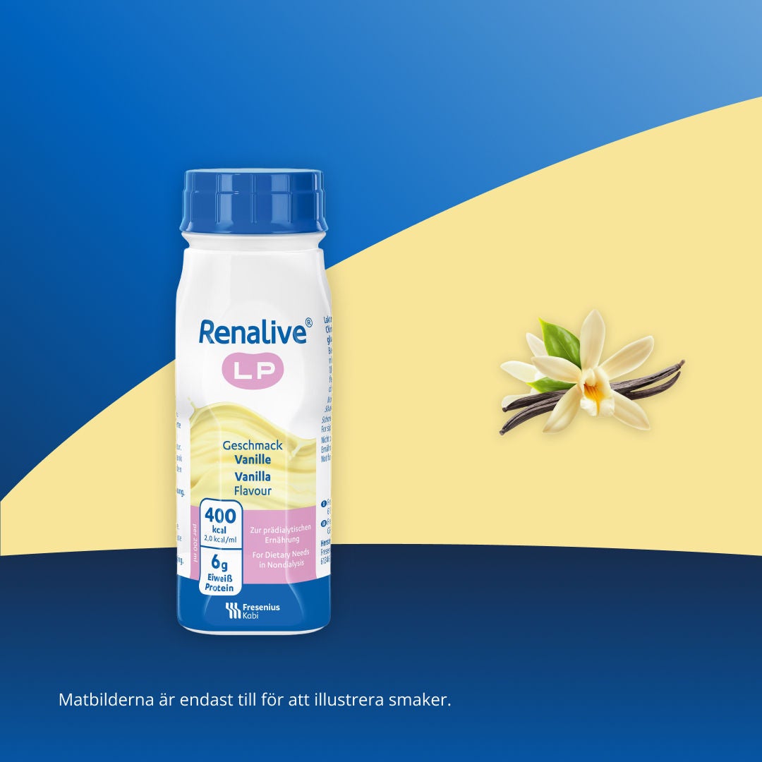 Fresubins Renalive-sortiment omfattar Renalive LP i smakerna Cappuccino och Vanilj, samt Renalive HP i smakerna Skogsbär och Citronyoghurt. 