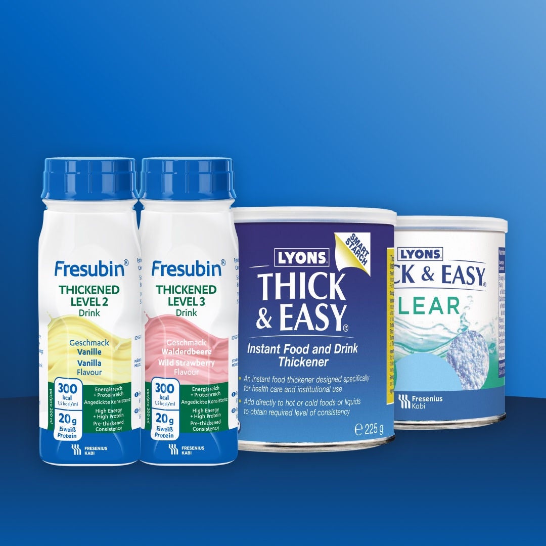 Fresubin's dysphagia nutrition solutions offer a variety of formats and flavours, including Vanilla-flavoured Thickened Level 2 Drink, Wild Strawberry-flavoured Thickened Level 3 Drink, Thick&Easy Instant Food and Drink Thickener, and Thick&Easy Clear. 