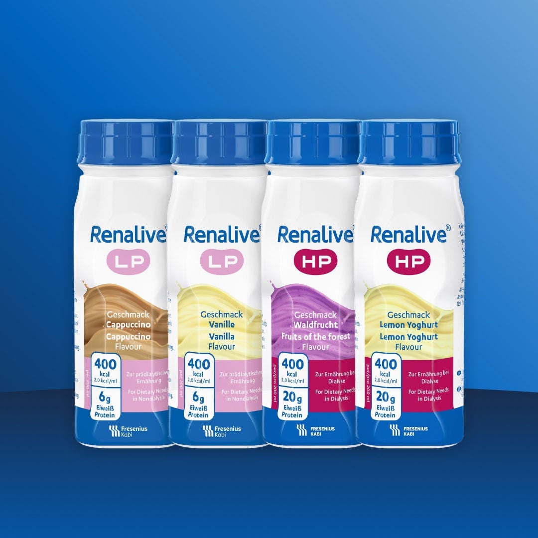Het Renalive-assortiment van Fresubin omvat Renalive LP in de smaken Cappuccino en Vanille, evenals Renalive HP in de smaken Bosvruchten en Citroenyoghurt. 