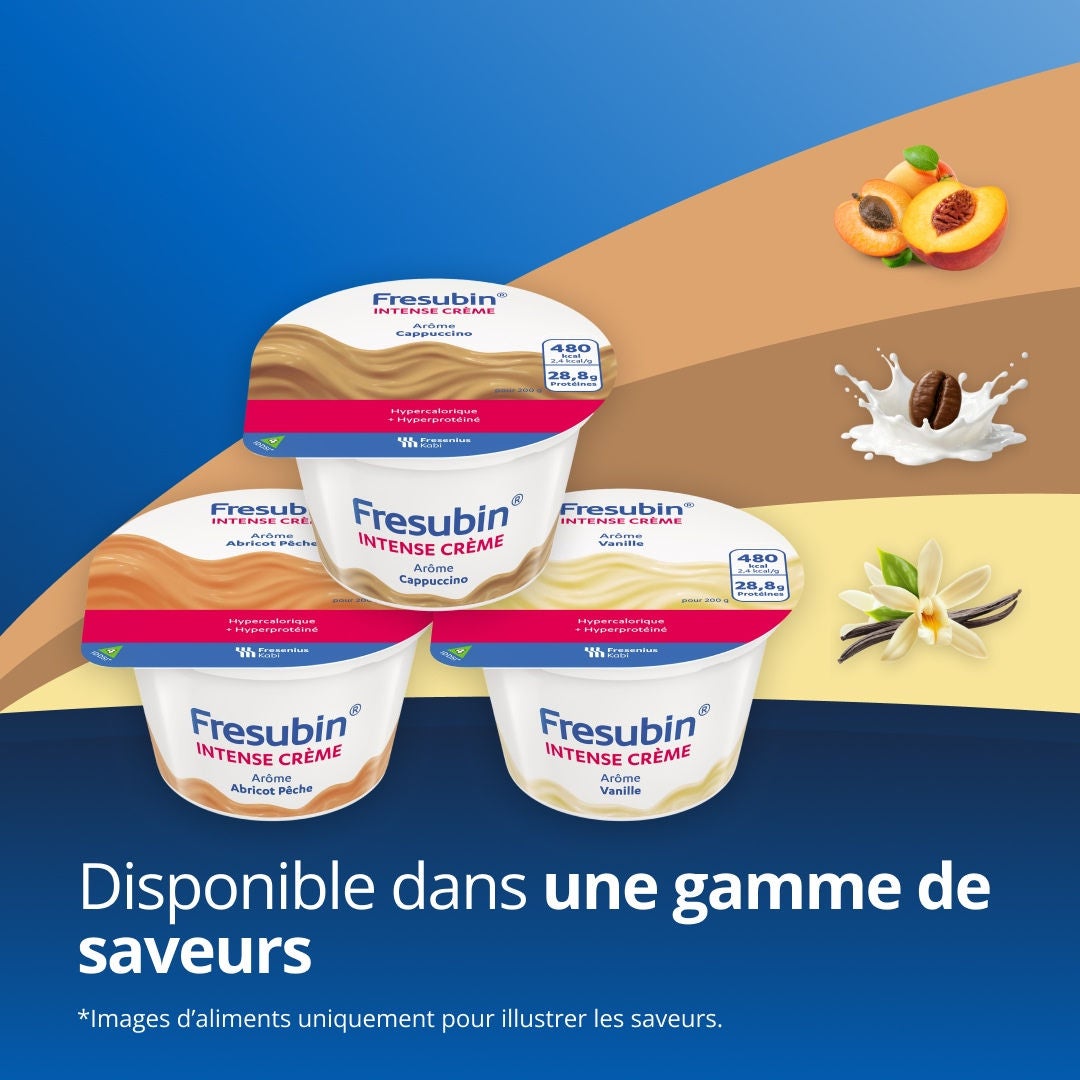 La gamme Fresubin Intense crème est disponible dans divers formats et saveurs, notamment la boisson PRO FIBRE COMPACT à la vanille, la boisson PRO COMPACT à l'abricot et à la pêche, la boisson PRO au cappuccino et la boisson PRO FIBRE à la fraise 