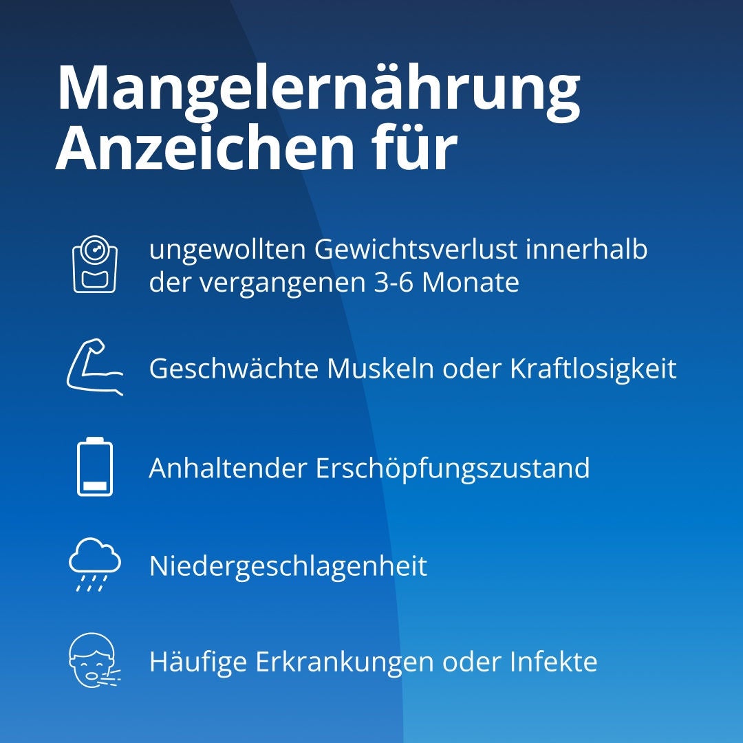 Fresubin erklärt, dass zu den Warnzeichen für Mangelernährung bei älteren Menschen ungewollter Gewichtsverlust in den letzten 3 bis 6 Monaten, Muskelschwäche oder verminderte Kraft, ständige Müdigkeit, schlechte Laune oder Niedergeschlagenheit sowie eine Zunahme von Erkrankungen und Infektionen gehören 