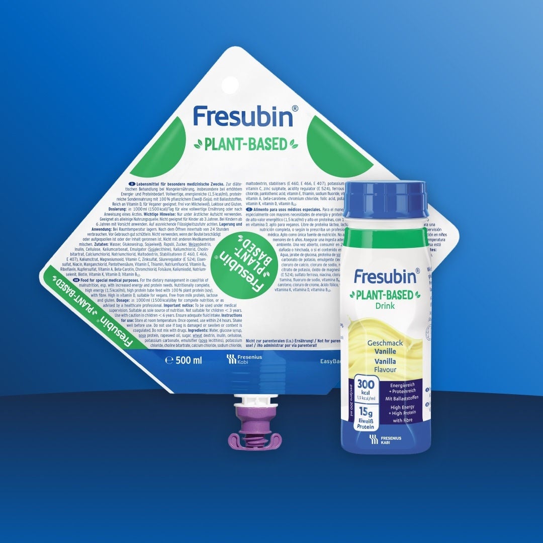 Fresubin's Plant-Based range includes the 500ml EasyBag tube feed as well as the Plant-Based Vanilla-flavoured Drink to suit a range of feeding methods. 