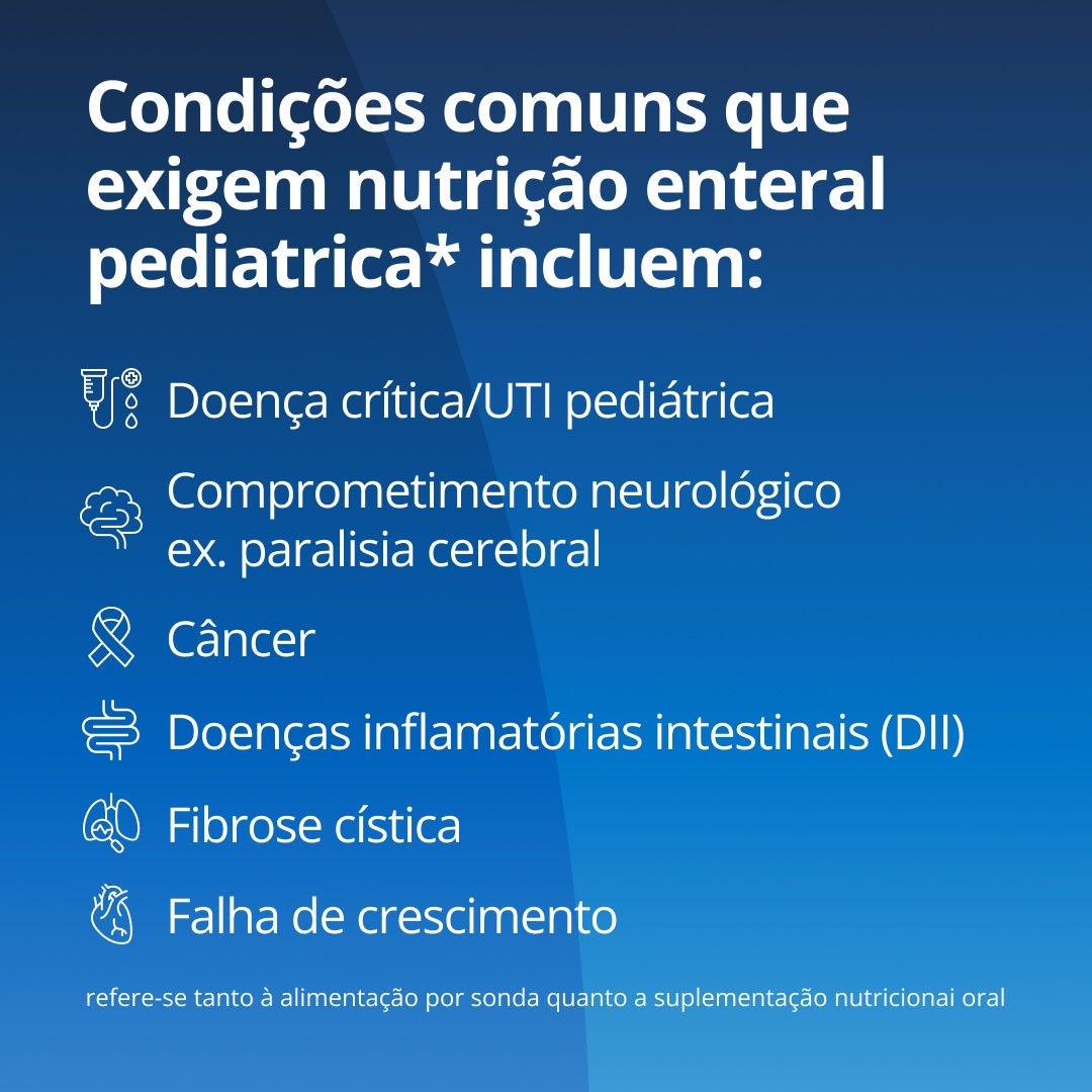 A Fresubin explica que as condições comuns que requerem nutrição enteral pediátrica incluem doenças graves, cuidados intensivos pediátricos, deficiências neurológicas, câncer, distúrbios gastrointestinais, fibrose cística e atraso no crescimento 