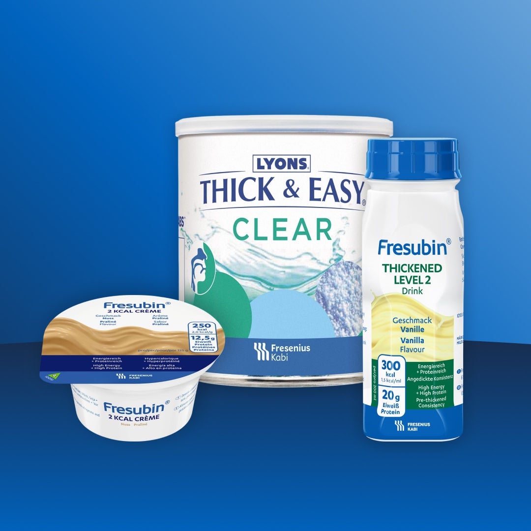 Fresubin's dysphagia range is available in a variety of formats, including Thick&Easy  Clear Food Thickener, Fresubin Praline-flavoured 2KCAL Crème and Fresubin Vanilla-flavoured Thickened Level 2 Drink. 