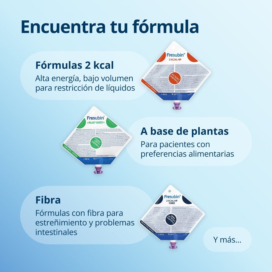 Encuentre su fórmula ideal con la gama Fresubin, que incluye fórmulas de 2 kcal para un alto aporte energético y opciones de bajo volumen para casos de ingesta limitada de líquidos, opciones de origen vegetal para pacientes con preferencias dietéticas específicas, opciones ricas en fibra para quienes padecen estreñimiento y problemas intestinales, y mucho más... 