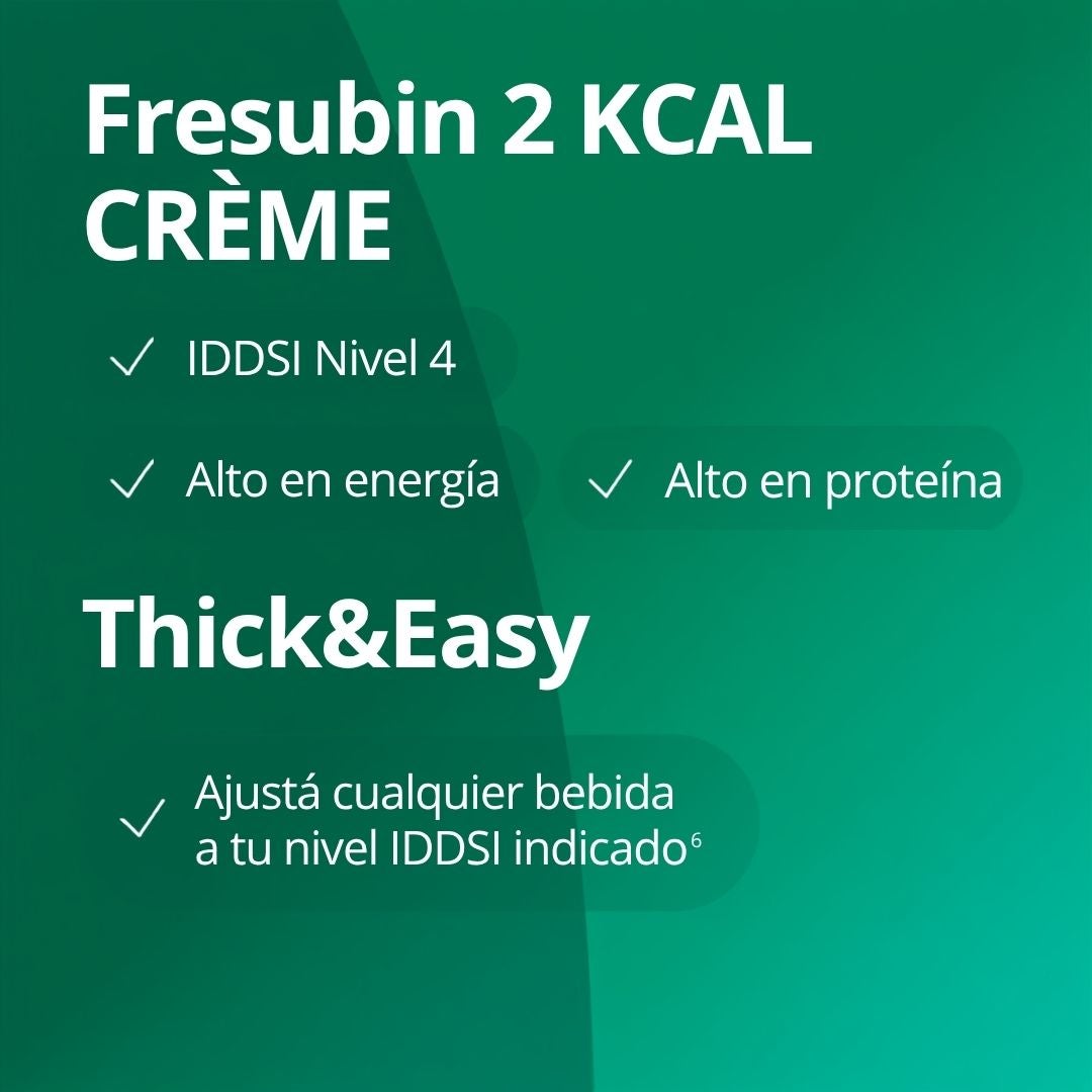 Fresubin Thickened Nivel 2 y Nivel 3 son bebidas preespesadas, de alto contenido energético y proteico, diseñadas para satisfacer las necesidades nutricionales de las personas con disfagia. Thick&Easy y Thick&Easy Clear pueden utilizarse para ajustar la consistencia de cualquier bebida y adaptarla al nivel IDDSI que se le haya recetado. 