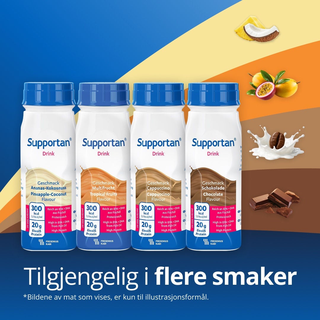 Supportan næringsdrikker. Tilgjengelig i smakene av tropiske frukter og cappuccino.