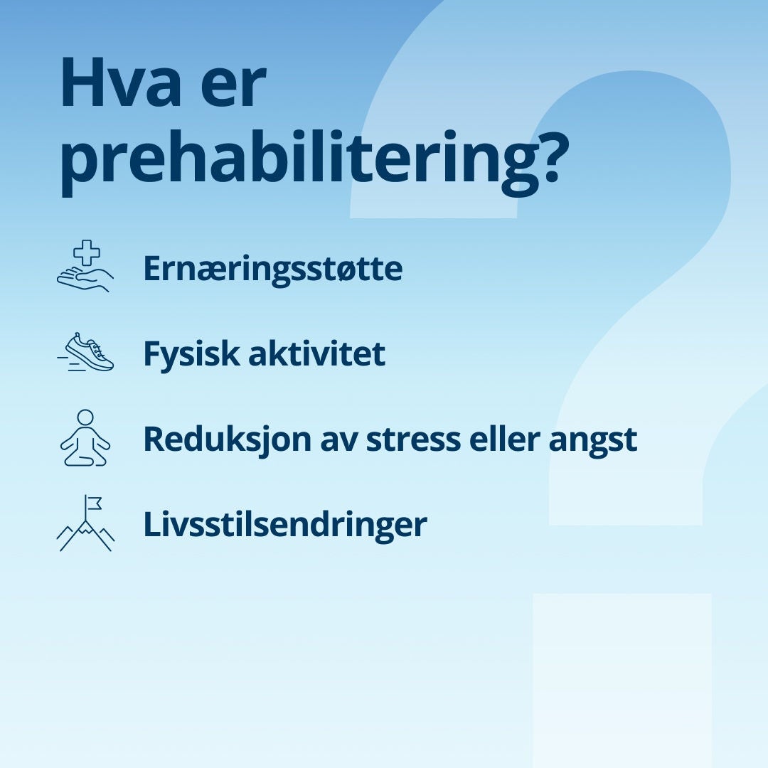 Hva er prehabilitering? Fresubin forklarer at prehabilitering omfatter ernæringsstøtte, fysisk aktivitet, stress- eller angstreduksjon og livsstilsendringer. 