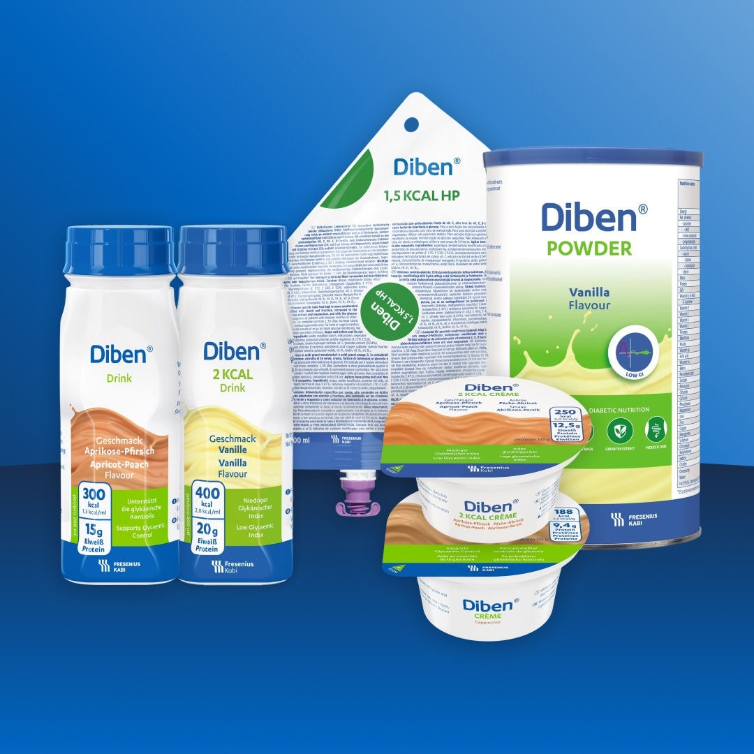 Fresubin's Diben range to support diabetic nutrition comes in a variety of formats and flavours to suit you, including: Diben 1.5KCAL Tube Feed, Diben Apricot-Peach flavoured Drink, Diben Vanilla-flavoured 2KCAL Drink, Diben Vanilla-flavoured Powder, Diben Apricot-Peach-flavoured 2KCAL spoonable CRÈME, and Diben Cappuccino-flavoured spoonable CRÈME. 