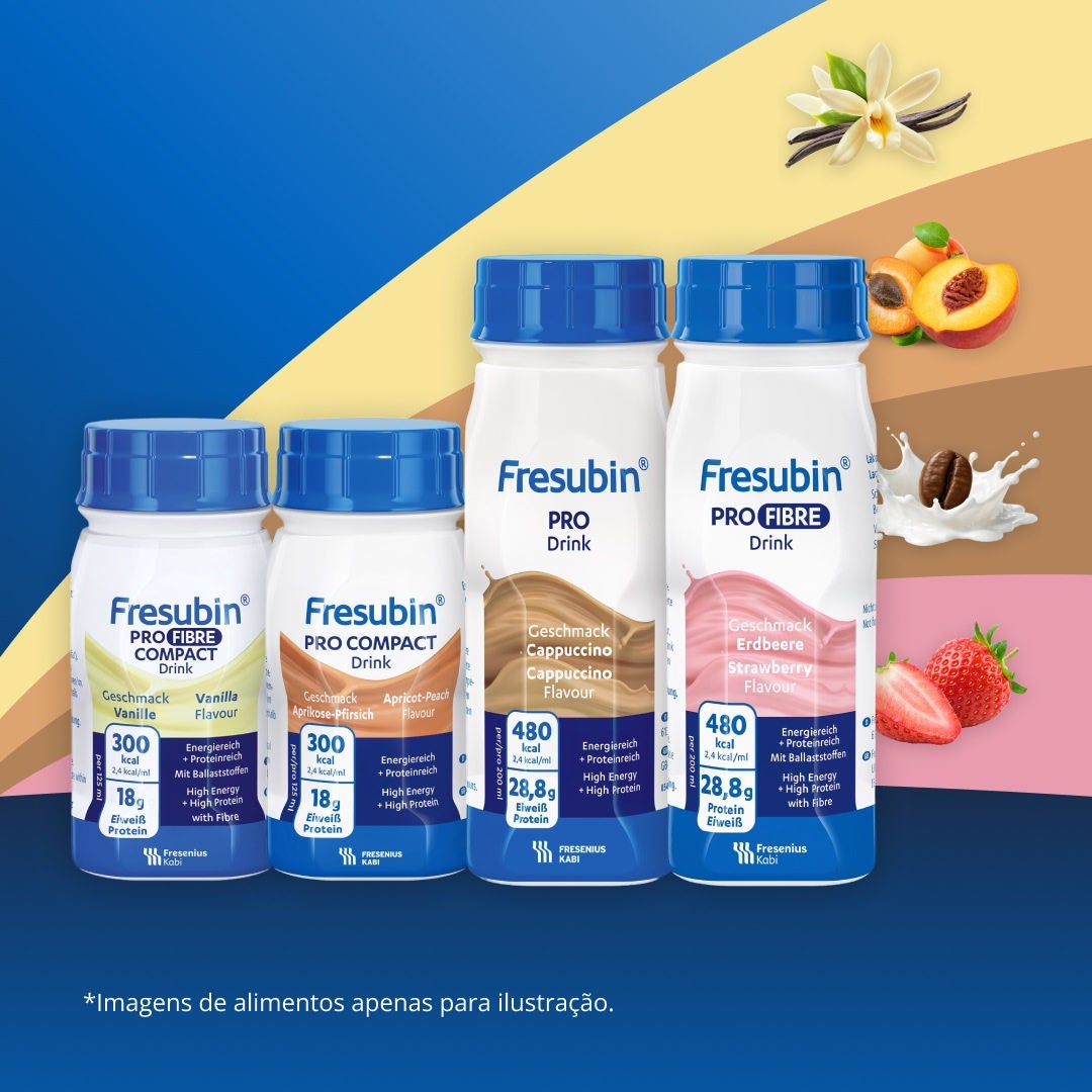 A linha PRO da Fresubin está disponível em diversos formatos e sabores, incluindo a bebida PRO com sabor de cappuccino.