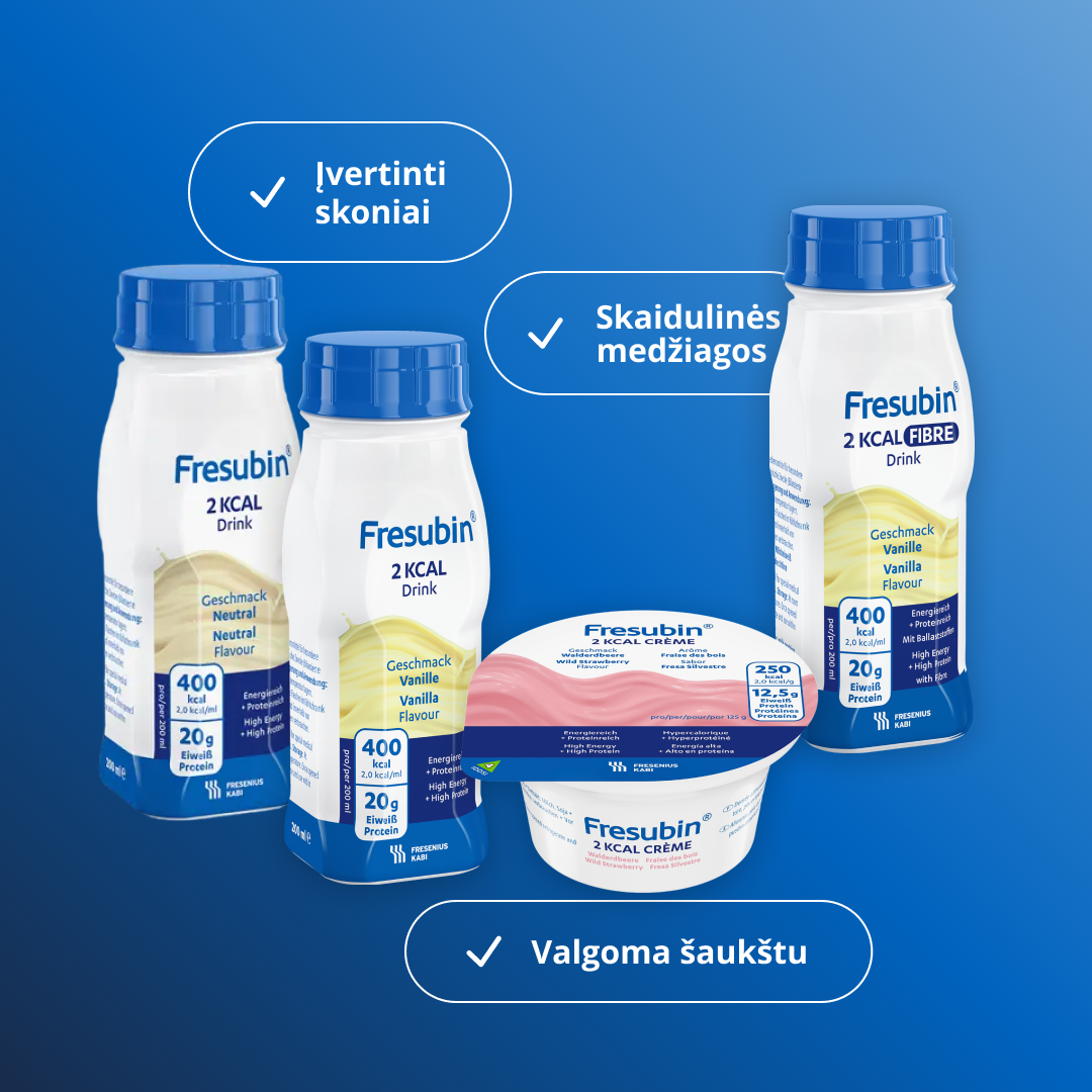 Infografikas apie „Fresubin 2 KCAL“ seriją – pristatomi įvairūs skoniai, šaukštu valgomos formos ir produktai su skaidulinėmis medžiagomis.