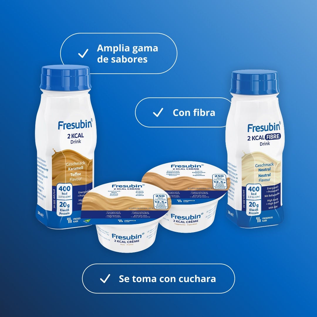 La gama 2KCAL de Fresubin incluye la más amplia variedad de sabores, formatos para tomar a cucharadas y opciones con aporte de fibra de Fresubin. Incluye 2KCAL Drink, 2KCAL COMPACT Drink, 2KCAL FIBRE, 2KCAL FIBRE COMPACT Drink y 2KCAL Crème 