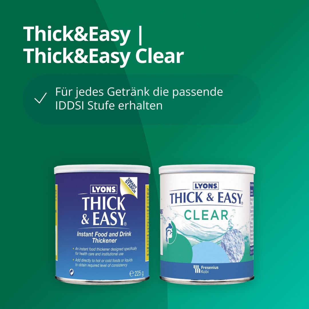 Fresubin Thickened Level 2 und Level 3 sind vorverdickte, energiereiche und proteinreiche Getränke zur Deckung des Nährstoffbedarfs von Menschen mit Dysphagie. Mit Thick&Easy und Thick&Easy Clear lässt sich die Konsistenz jedes Getränks so anpassen, dass sie Ihrem verordneten IDDSI-Level entspricht. 