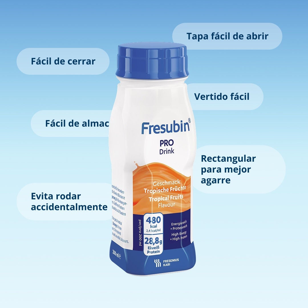 Una infografía que explica las funcionalidades del diseño de Fresubin EasyBottle. 
