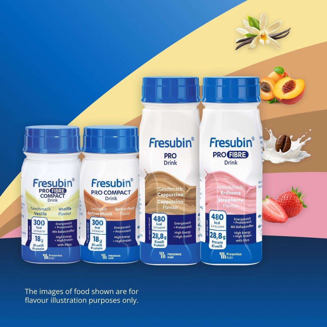 Fresubin's PRO range is available in a variety of formats and flavours, including Vanilla-flavoured PRO FIBRE COMPACT Drink, Apricot-Peach flavoured PRO COMPACT Drink, Cappuccino-flavoured PRO Drink and Strawberry-flavoured PRO FIBRE Drink 