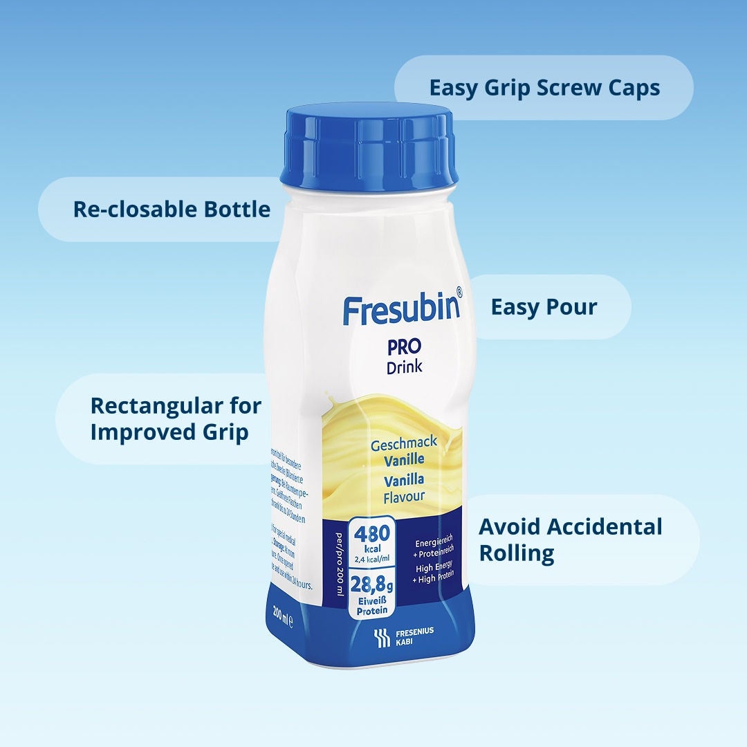 An infographic explaining the functionalities of the Fresubin EasyBottle design. 