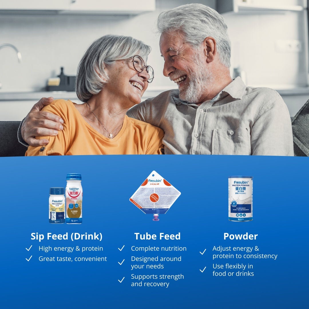 The Fresubin range includes high energy and high protein sip feed drinks that are convenient, and have a great taste; tube feeds offering complete nutrition for various clinical needs; spoonable crème cups that are high in energy and protein and ideal as a snack or dessert in a variety of flavours; and, powders that can be used in food or drinks flexibly to adjust energy and protein to your desired consistency. 