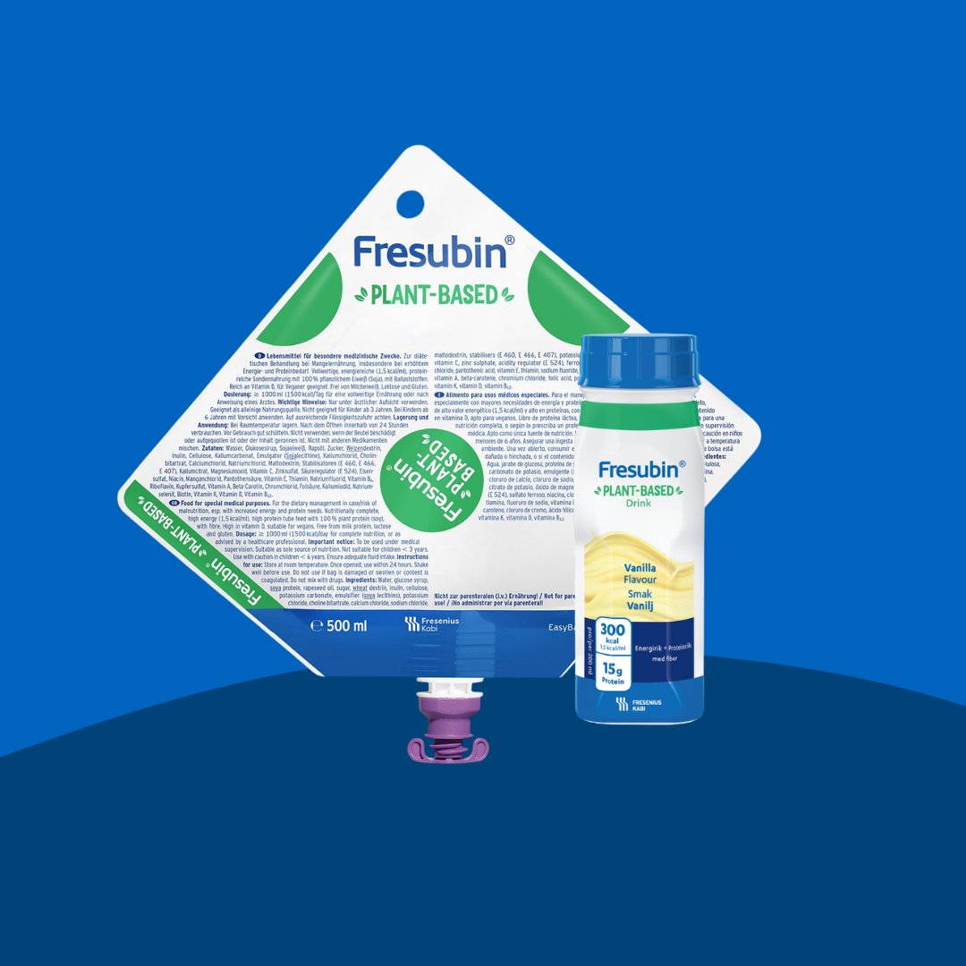 Fresubin's Plant-Based range includes the 500ml EasyBag tube feed as well as the Plant-Based Vanilla-flavoured Drink to suit a range of feeding methods. 