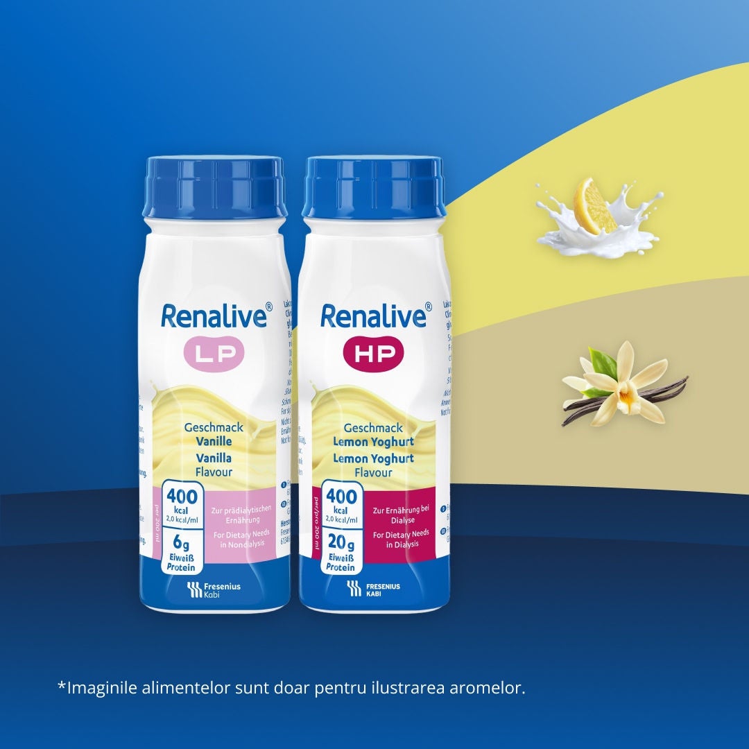 Gama Renalive de la Fresubin include Renalive LP în aromele Cappuccino și Vanilie, precum și Renalive HP în aromele Fructe de pădure și Iaurt cu lămâie. 