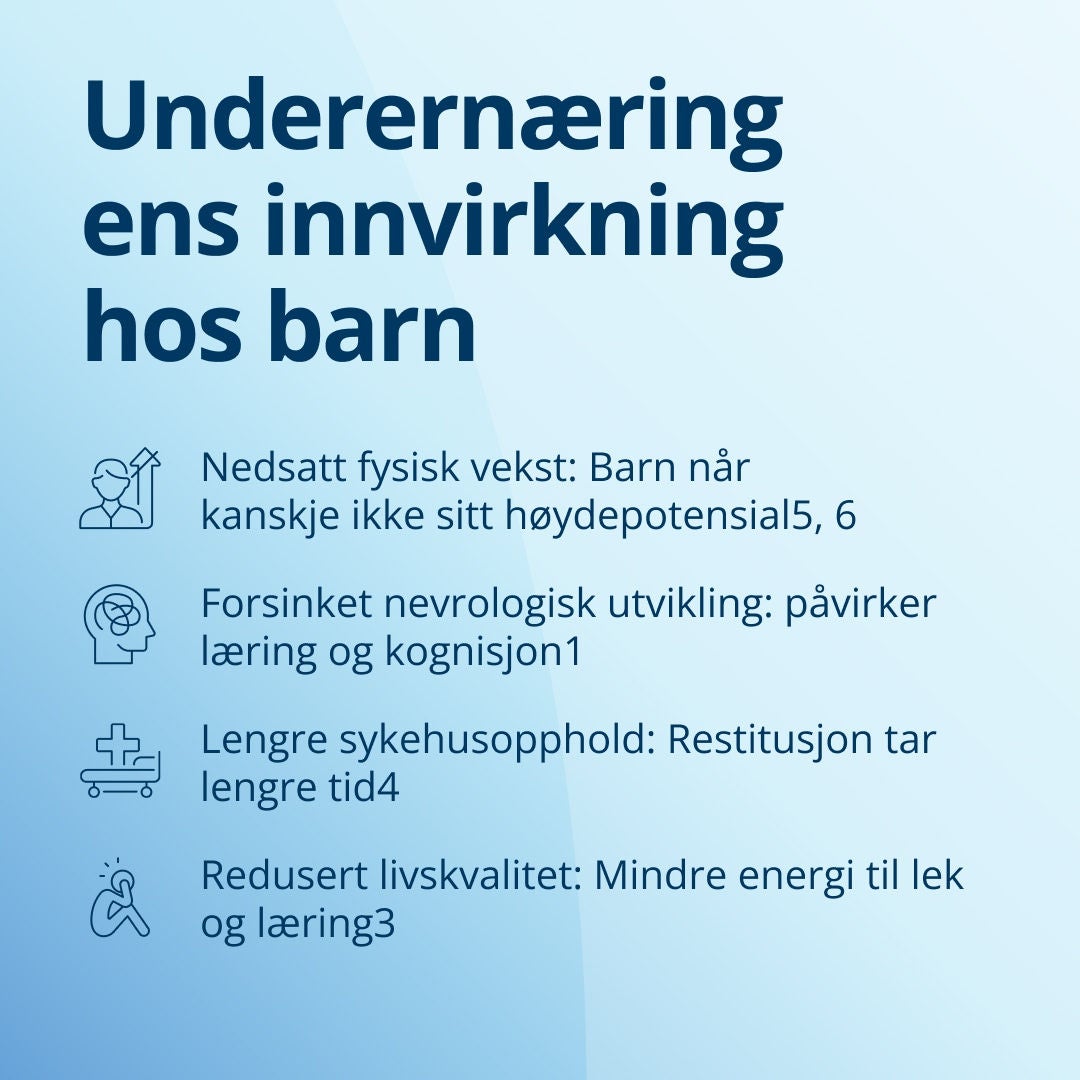 Underernæring kan ha en rekke konsekvenser for barn, blant annet: nedsatt fysisk vekst, slik at barna kanskje ikke når sitt fulle høydepotensial; forsinket nevrologisk utvikling, noe som kan påvirke læringsevnen og de kognitive funksjonene; lengre sykehusopphold fordi det tar lengre tid å komme seg; og redusert livskvalitet på grunn av mindre energi til lek og læring. 