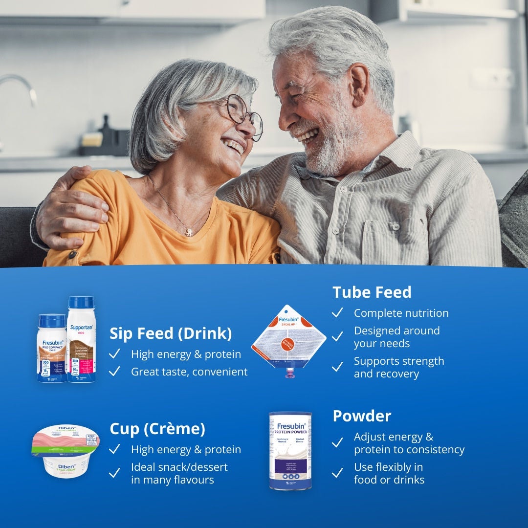 The Fresubin range includes high energy and high protein sip feed drinks that are convenient, and have a great taste; tube feeds offering complete nutrition for various clinical needs; spoonable crème cups that are high in energy and protein and ideal as a snack or dessert in a variety of flavours; and, powders that can be used in food or drinks flexibly to adjust energy and protein to your desired consistency. 