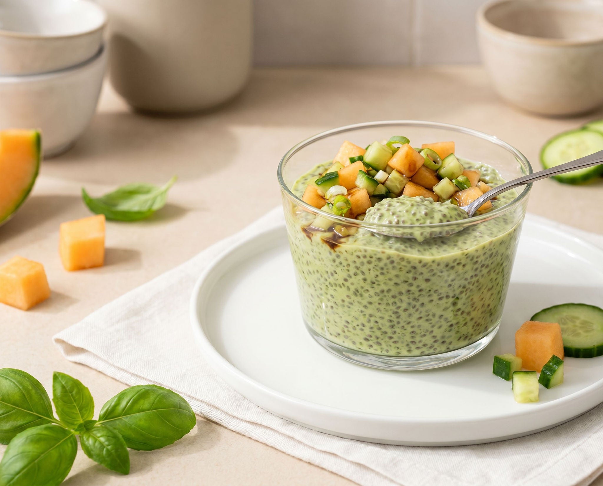 Basil-Chia Pudding with Melon- Cucumber Salsa